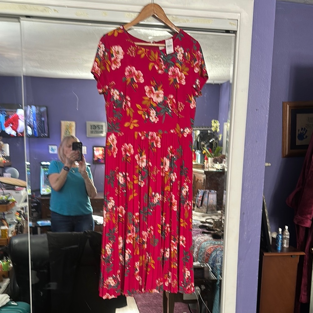 LOFT Pink A-line Dress with Flutter Sleeves and Crew Neck